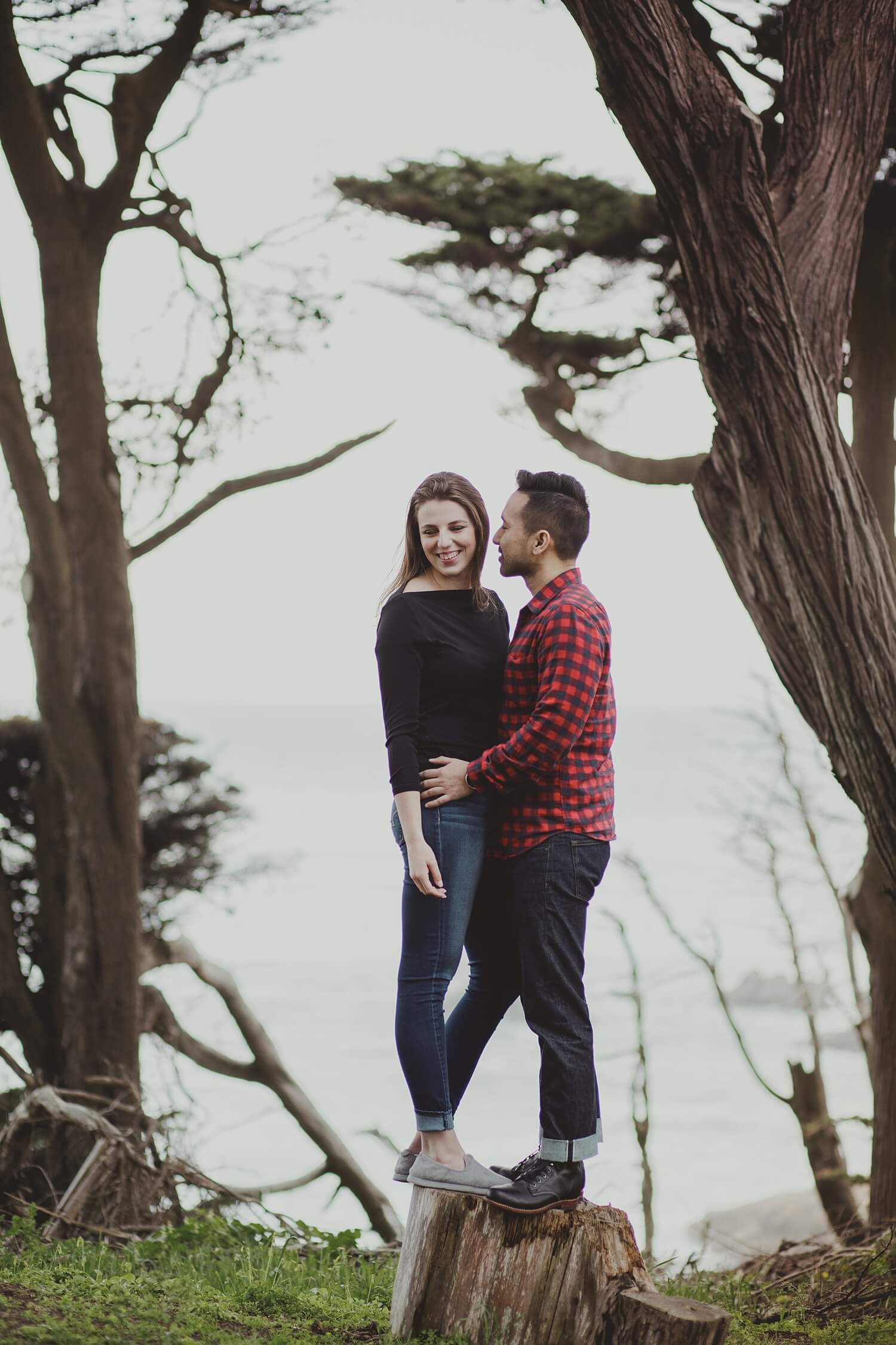 san francisco lands end sutro baths presidio baker beach rocks trees forest natural candid lifestyle engagement session engagement photos with dog