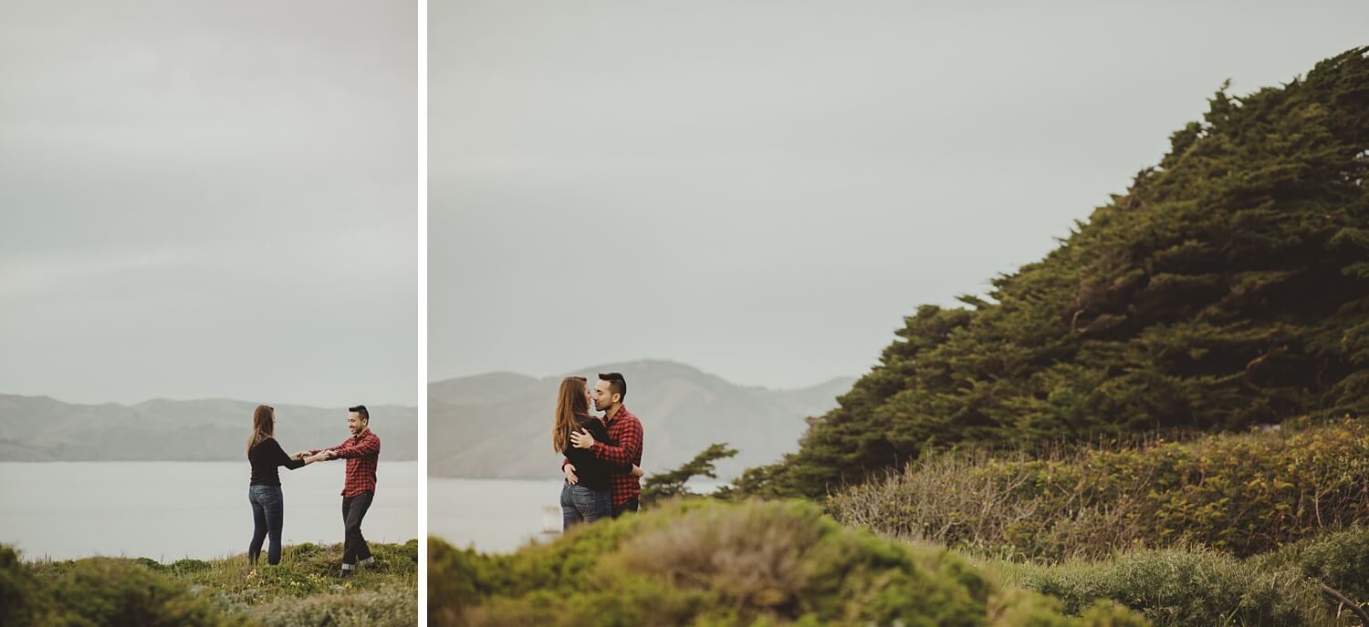 san francisco lands end sutro baths presidio baker beach rocks trees forest natural candid lifestyle engagement session engagement photos with dog