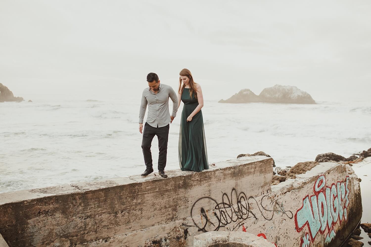 san francisco lands end sutro baths presidio baker beach rocks trees forest natural candid lifestyle engagement session engagement photos with dog