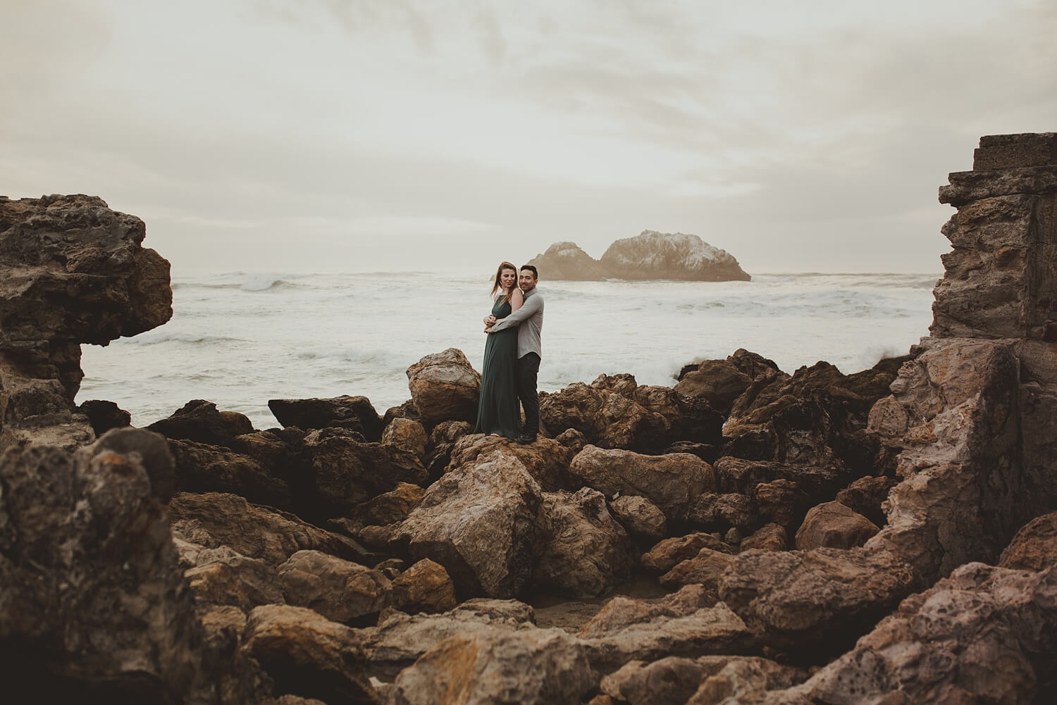 san francisco lands end sutro baths presidio baker beach rocks trees forest natural candid lifestyle engagement session engagement photos with dog