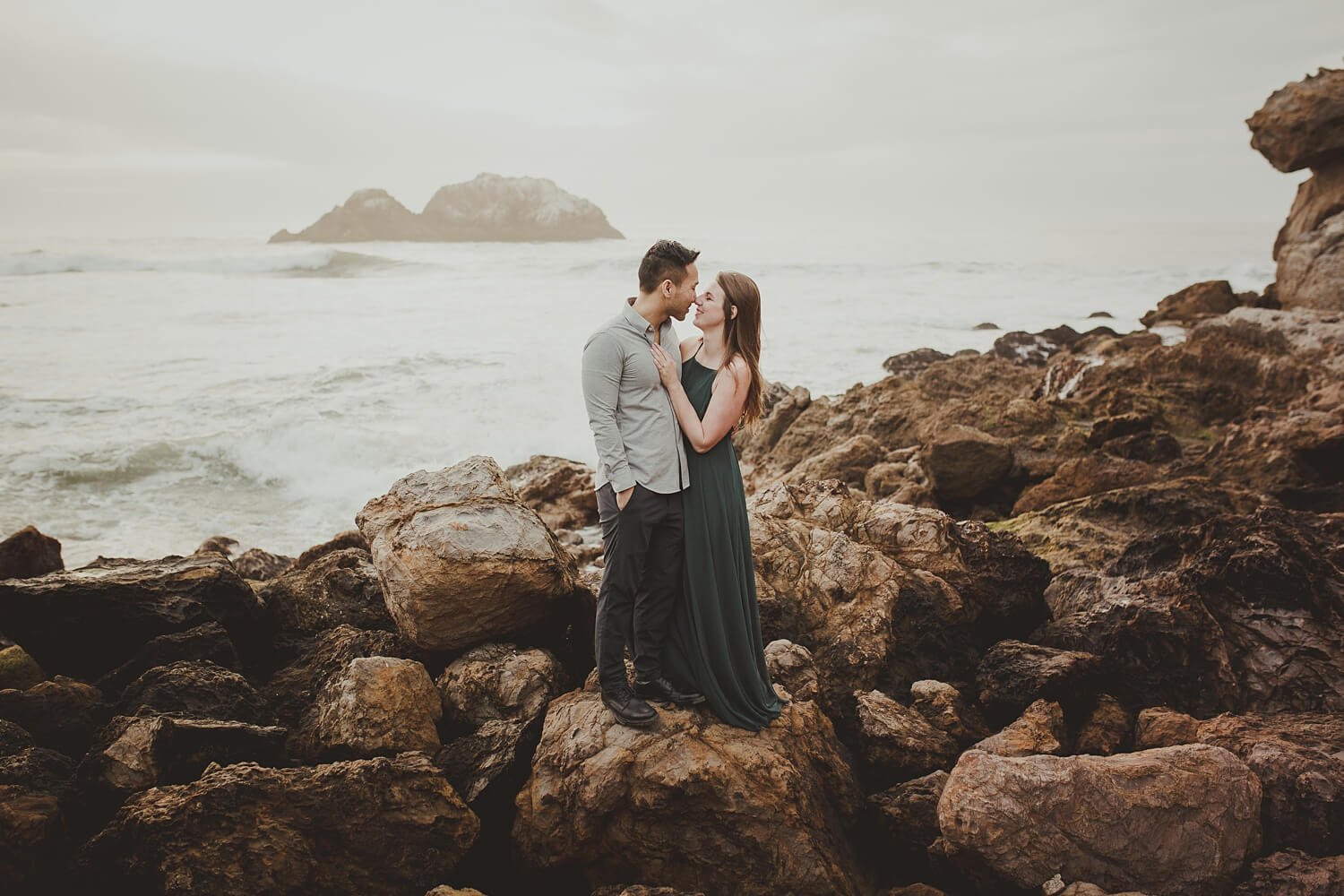 san francisco lands end sutro baths presidio baker beach rocks trees forest natural candid lifestyle engagement session engagement photos with dog