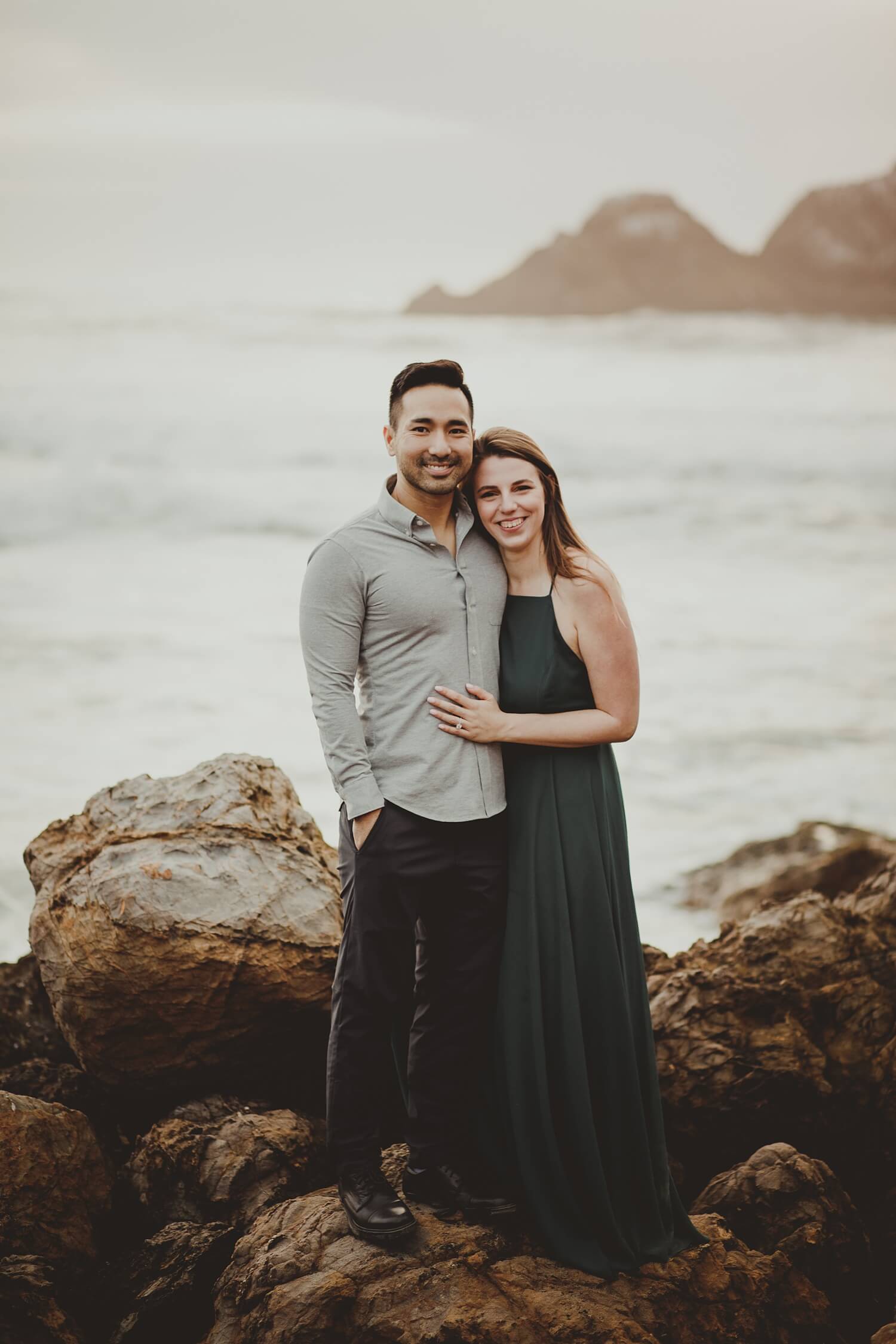 san francisco lands end sutro baths presidio baker beach rocks trees forest natural candid lifestyle engagement session engagement photos with dog