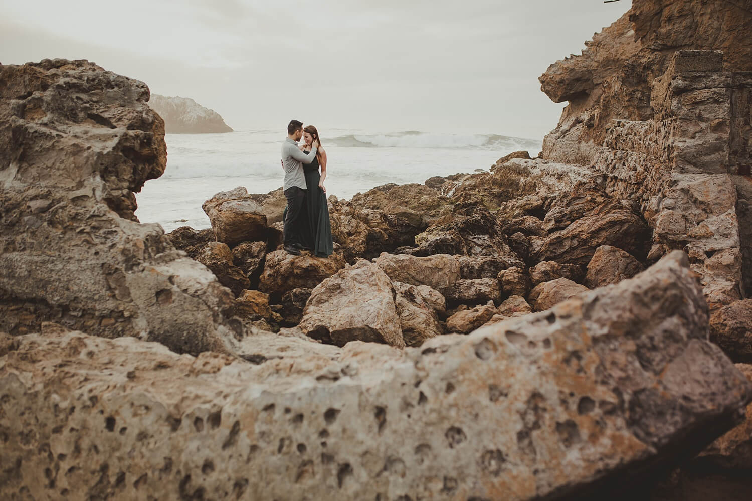 san francisco lands end sutro baths presidio baker beach rocks trees forest natural candid lifestyle engagement session engagement photos with dog