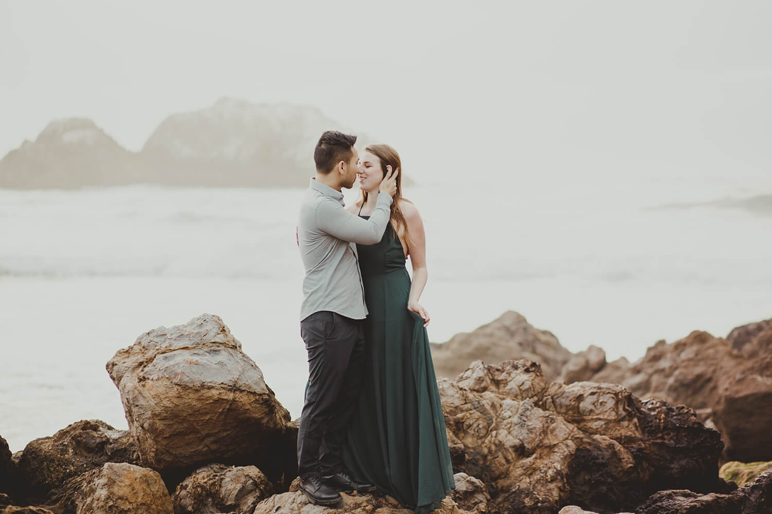 san francisco lands end sutro baths presidio baker beach rocks trees forest natural candid lifestyle engagement session engagement photos with dog