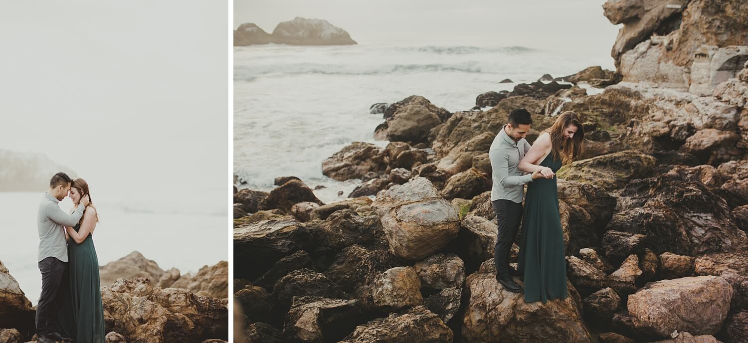 san francisco lands end sutro baths presidio baker beach rocks trees forest natural candid lifestyle engagement session engagement photos with dog