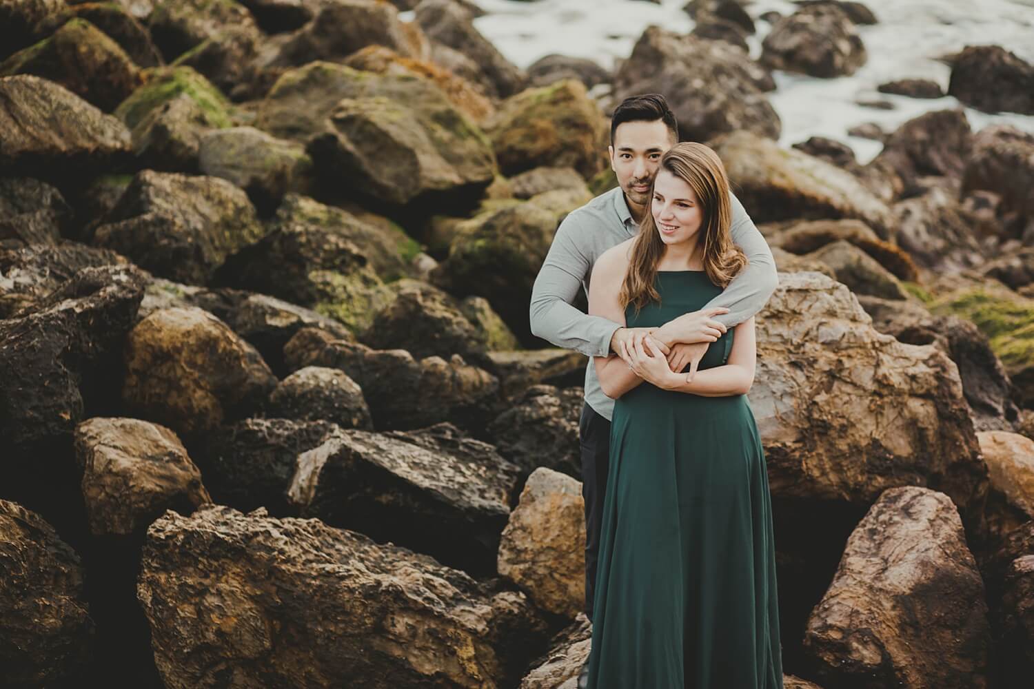 san francisco lands end sutro baths presidio baker beach rocks trees forest natural candid lifestyle engagement session engagement photos with dog