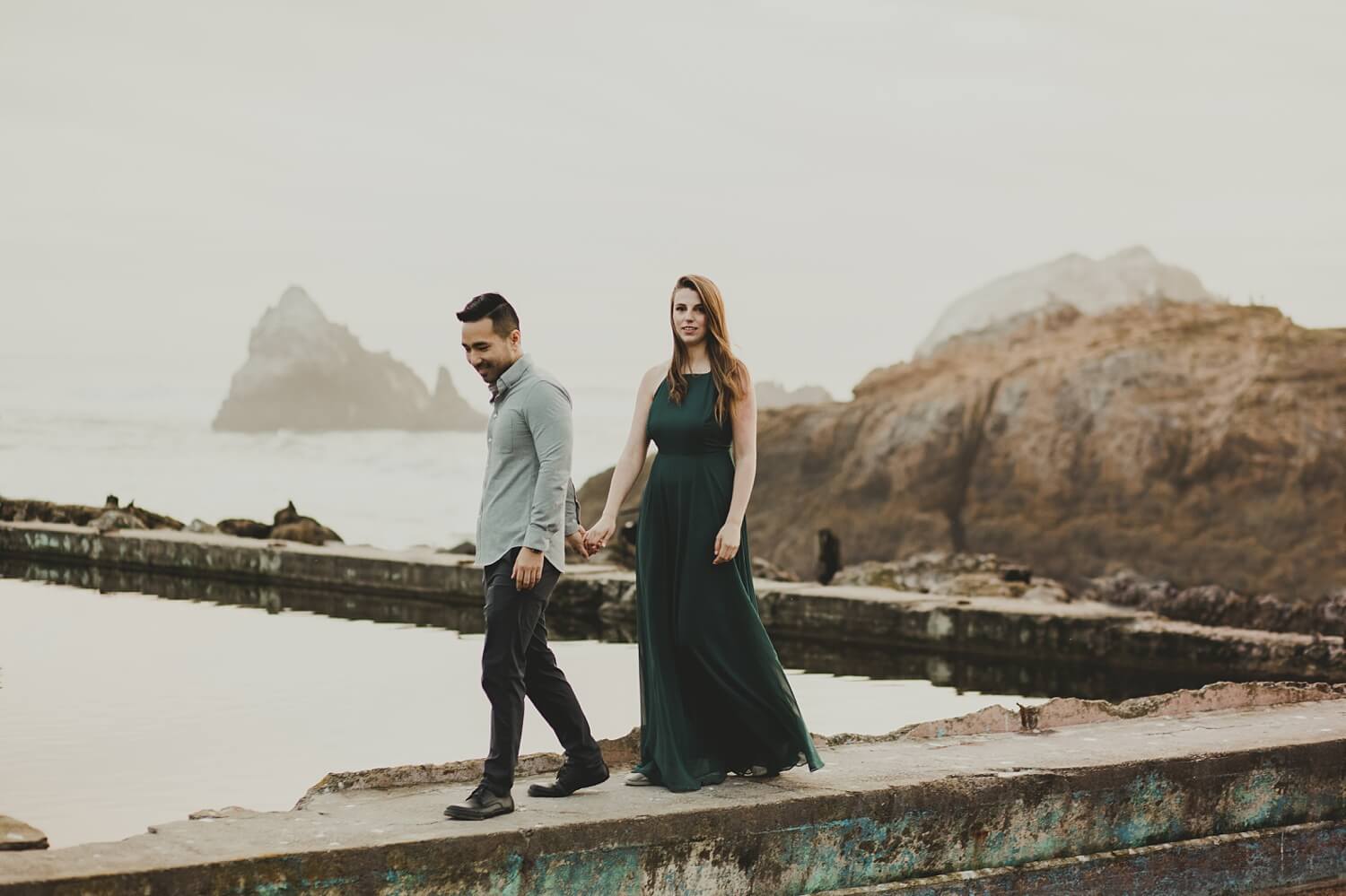 san francisco lands end sutro baths presidio baker beach rocks trees forest natural candid lifestyle engagement session engagement photos with dog