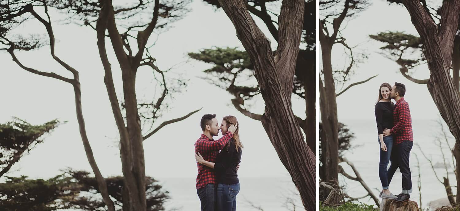 san francisco lands end sutro baths presidio baker beach rocks trees forest natural candid lifestyle engagement session engagement photos with dog