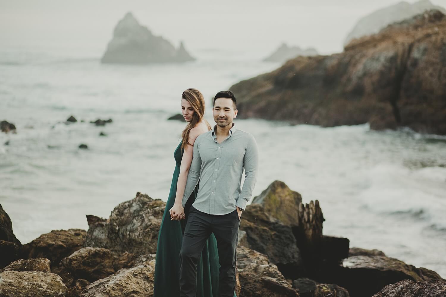 san francisco lands end sutro baths presidio baker beach rocks trees forest natural candid lifestyle engagement session engagement photos with dog